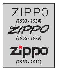 Zippo historic logos: 1933–1954 block letters, 1954–1979 original script, 1980–2011 redesigned script